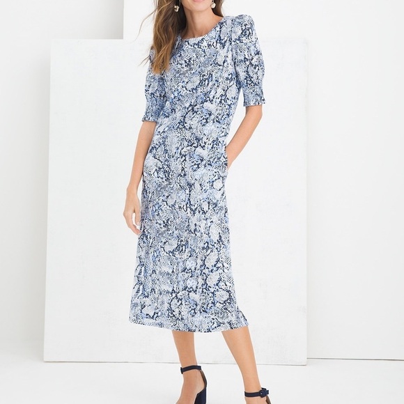 Chicos Smocked Puff Sleeve Dress Size 3 - Picture 1 of 9